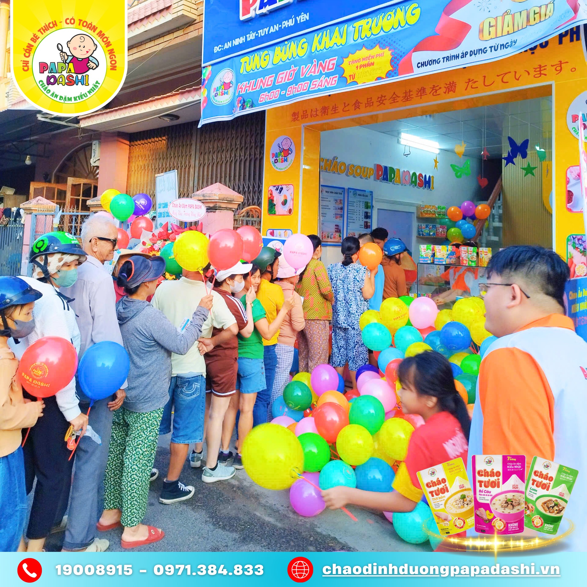 Khai Trương Cửa Hàng Cháo Dinh Dưỡng Papa Dashi tại Xã Tuy An Đông, Đắk Lắk (Phú Yên cũ) – Ngày 12/10/2025 3 Đông đảo khách hàng đến dự khai trương cửa hàng cháo dinh dưỡng Papa Dashi Chợ Giã