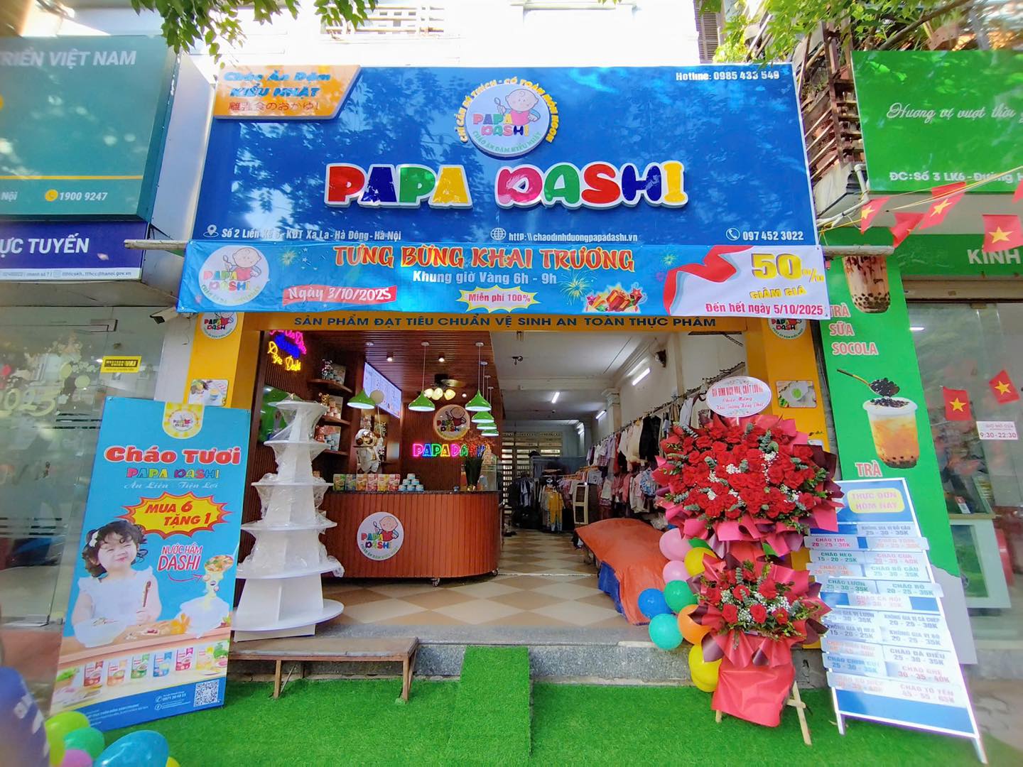 Mặt tiền cửa hàng Cháo dinh dưỡng Papa Dashi tại Khu Đô Thị Xa La, Hà Đông với biển hiệu nổi bật và dễ nhận diện